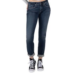 SILVER JEANS Boyfriend Mid Rise Dark Indigo Distressed Size 30 X 30
